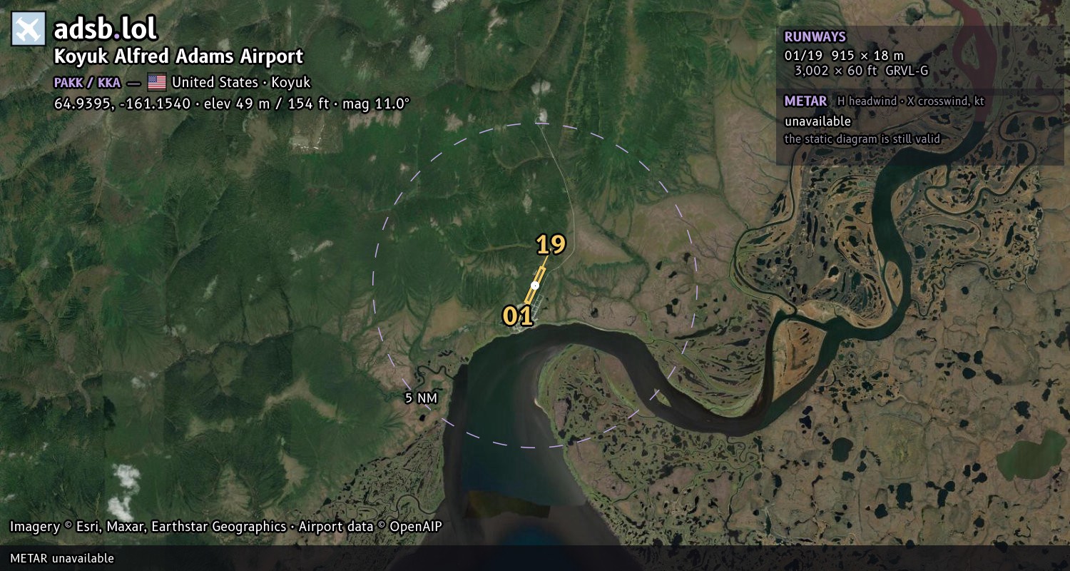Satellite map with the runway layout of Koyuk Alfred Adams Airport (PAKK)