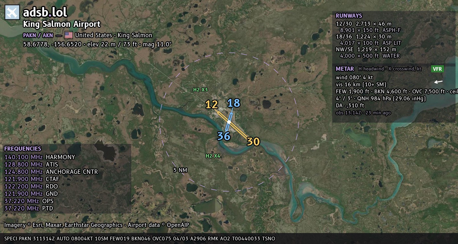 Satellite map with the runway layout of King Salmon Airport (PAKN)
