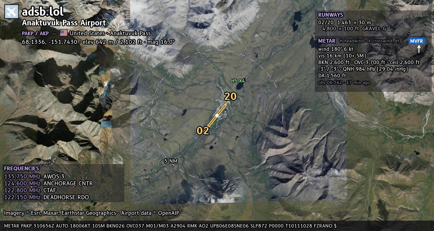Satellite map with the runway layout of Anaktuvuk Pass Airport (PAKP)