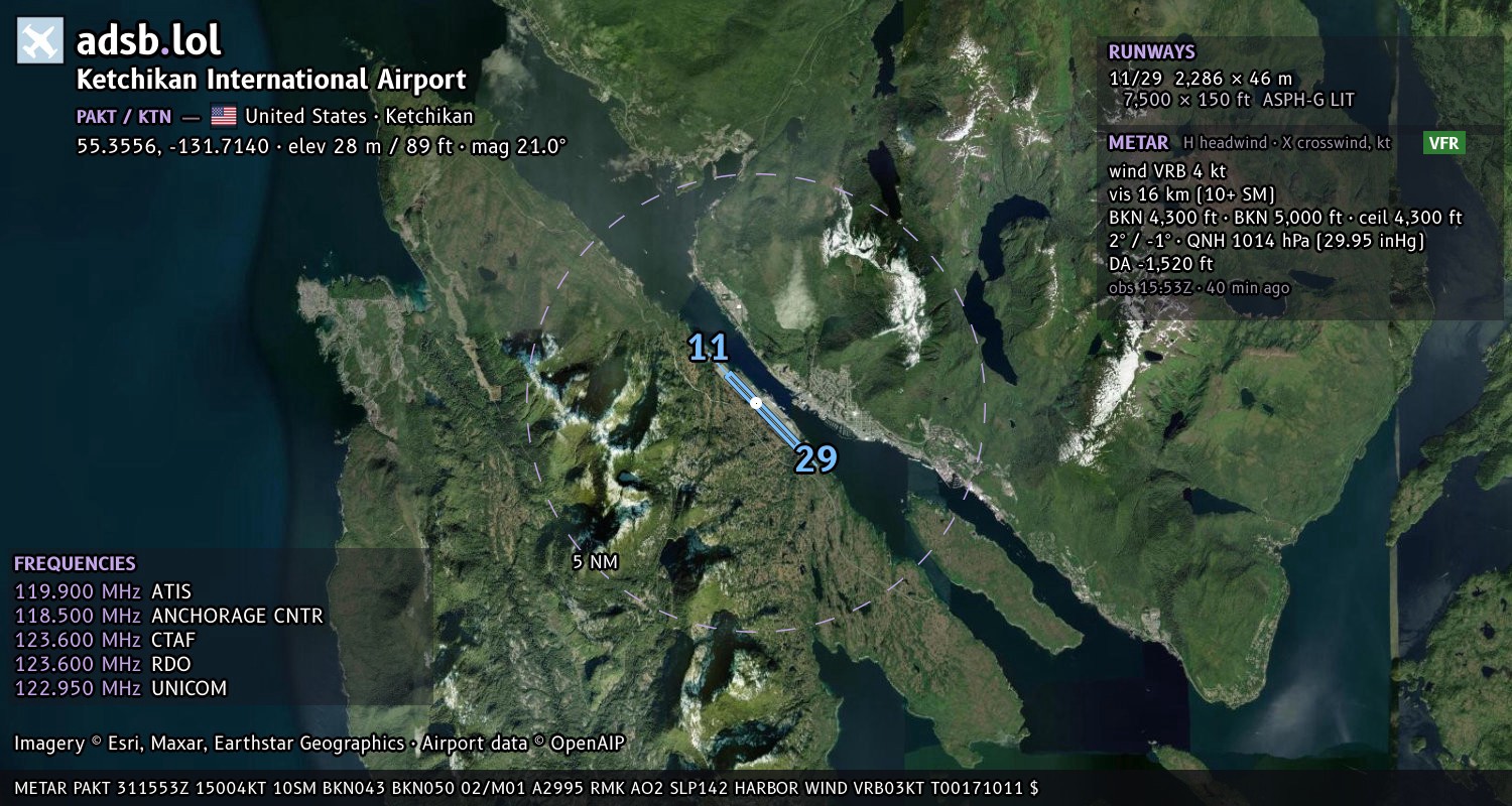 Satellite map with the runway layout of Ketchikan International Airport (PAKT)