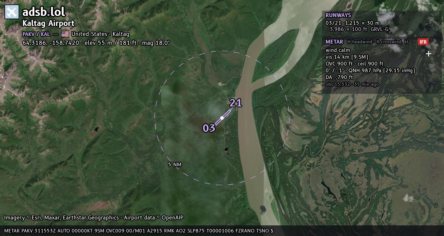 Satellite map with the runway layout of Kaltag Airport (PAKV)