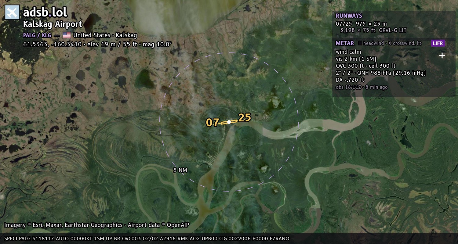 Satellite map with the runway layout of Kalskag Airport (PALG)