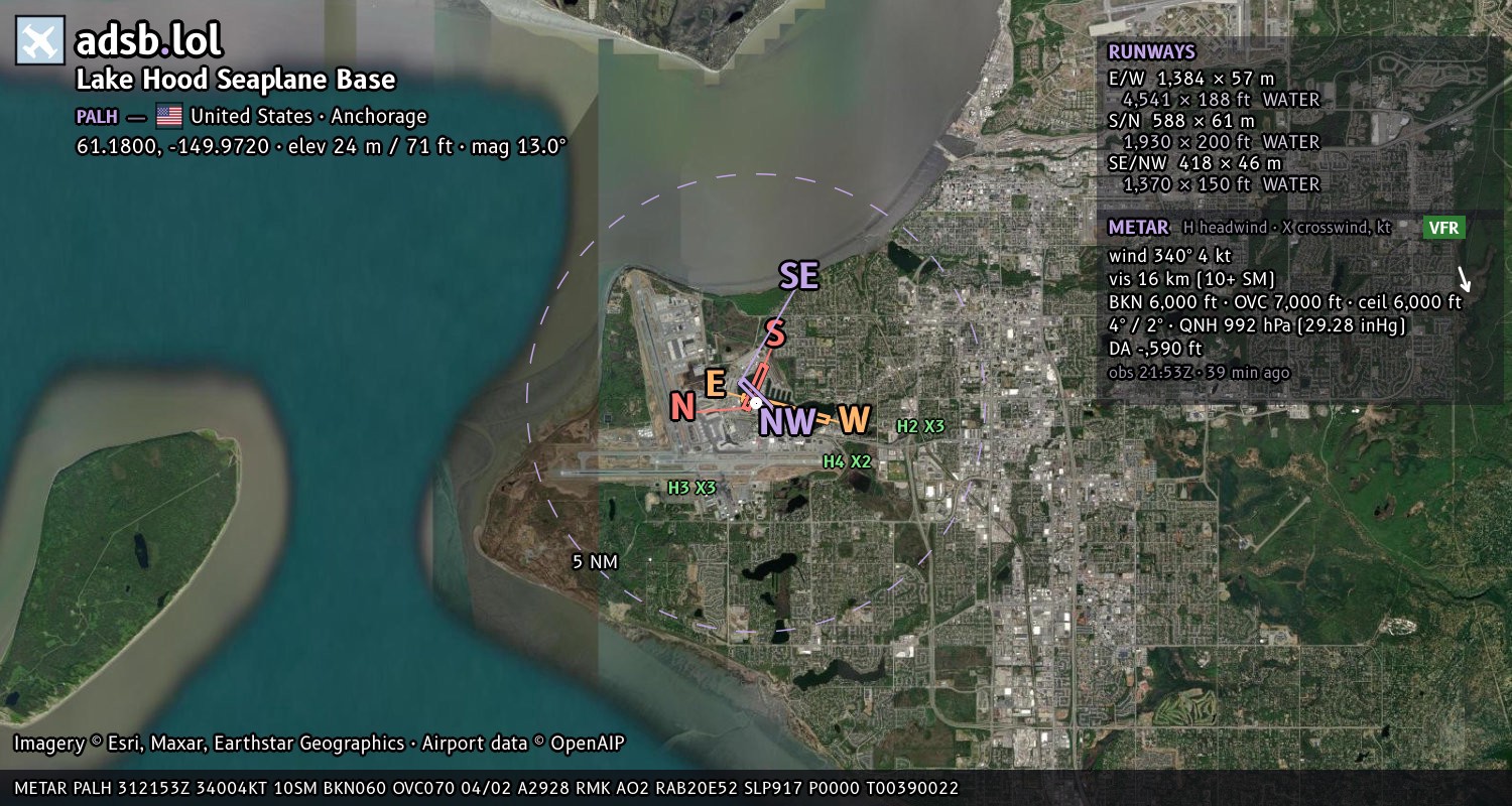 Satellite map with the runway layout of Lake Hood Seaplane Base (PALH)