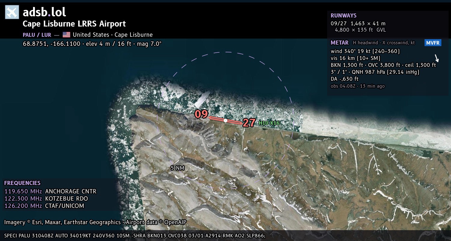 Satellite map with the runway layout of Cape Lisburne LRRS Airport (PALU)