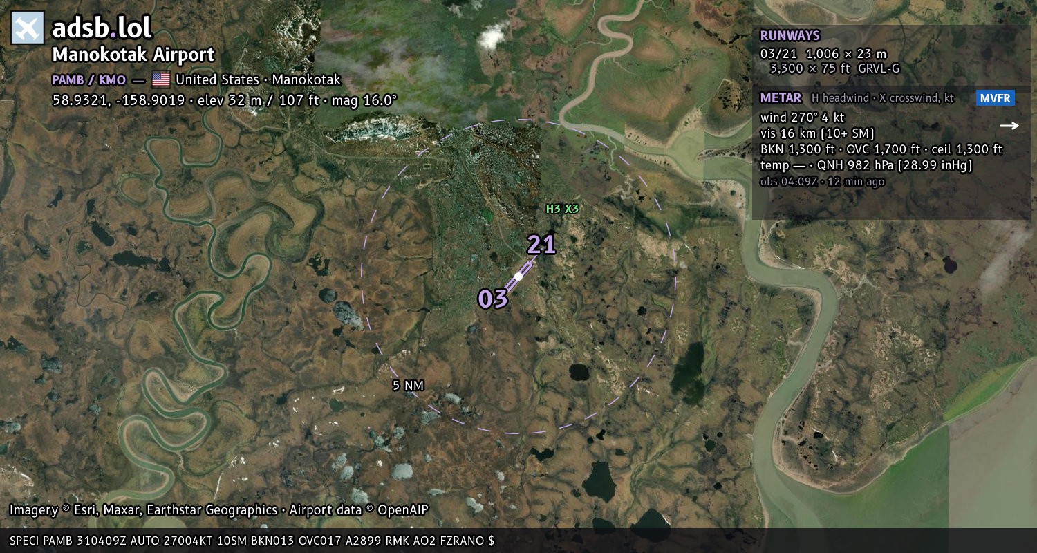 Satellite map with the runway layout of Manokotak Airport (PAMB)