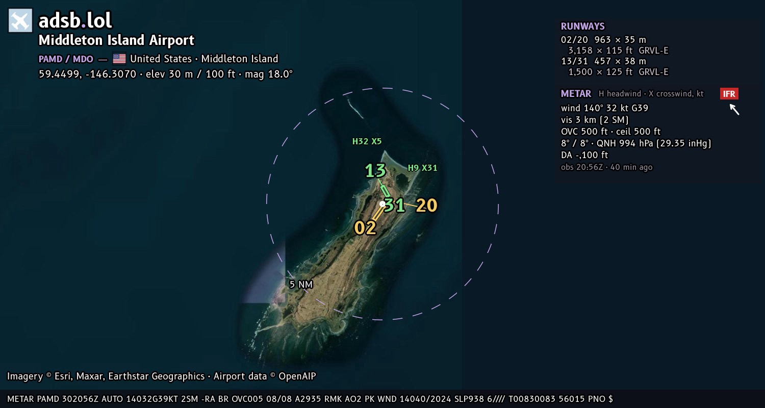 Satellite map with the runway layout of Middleton Island Airport (PAMD)