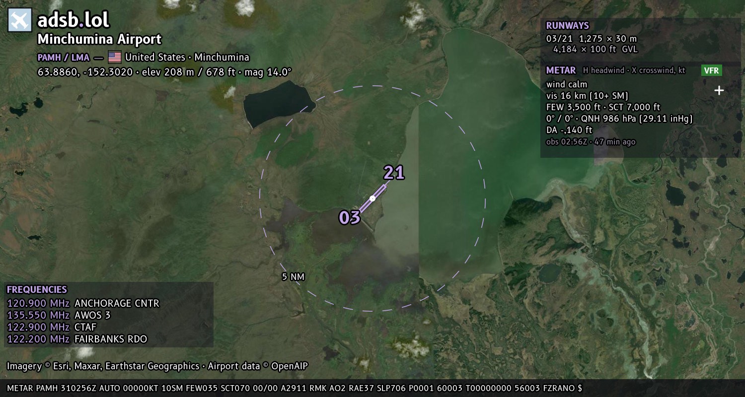 Satellite map with the runway layout of Minchumina Airport (PAMH)