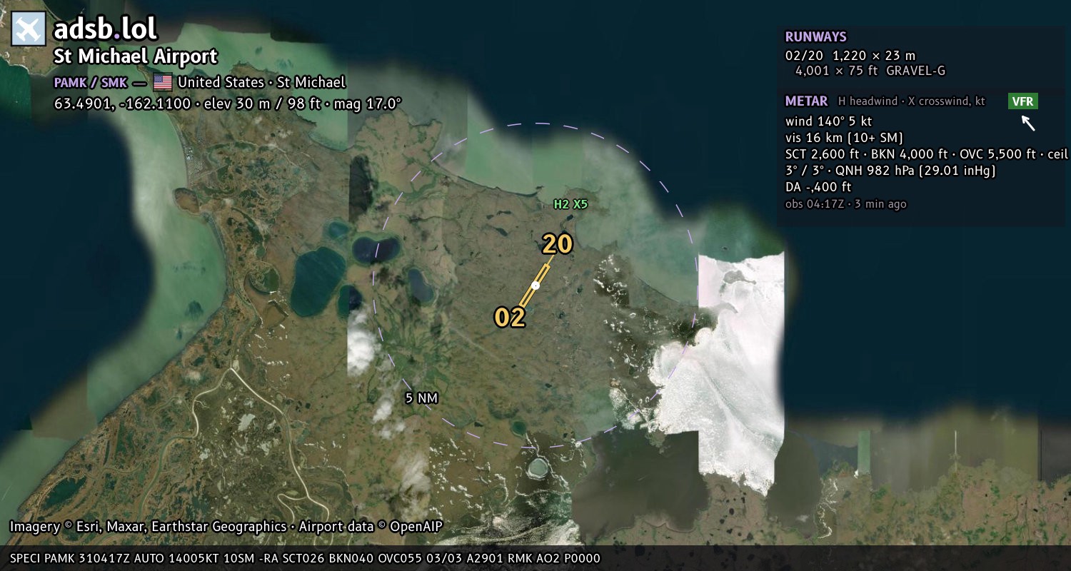 Satellite map with the runway layout of St Michael Airport (PAMK)