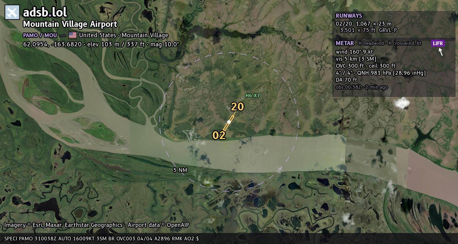 Satellite map with the runway layout of Mountain Village Airport (PAMO)
