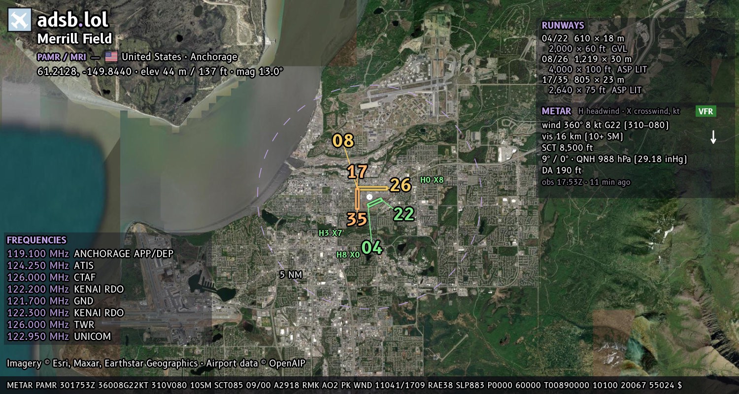 Satellite map with the runway layout of Merrill Field (PAMR)