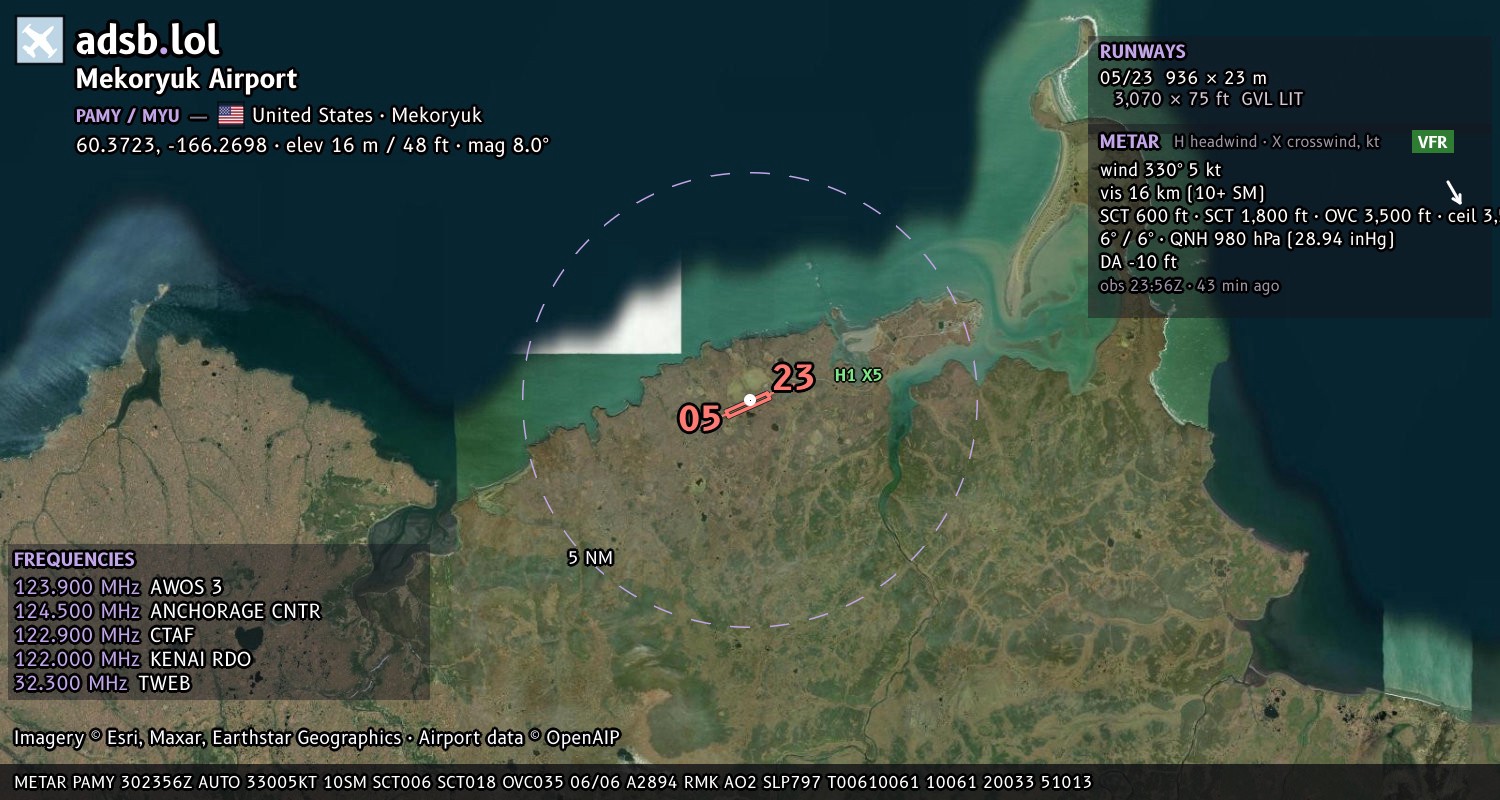 Satellite map with the runway layout of Mekoryuk Airport (PAMY)