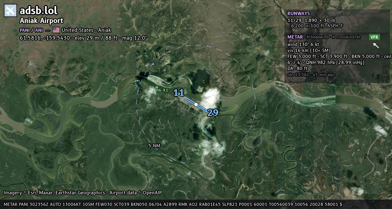 Satellite map with the runway layout of Aniak Airport (PANI)