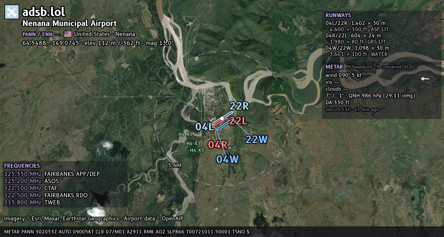Satellite map with the runway layout of Nenana Municipal Airport (PANN)