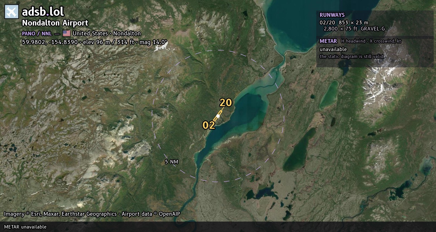 Satellite map with the runway layout of Nondalton Airport (PANO)