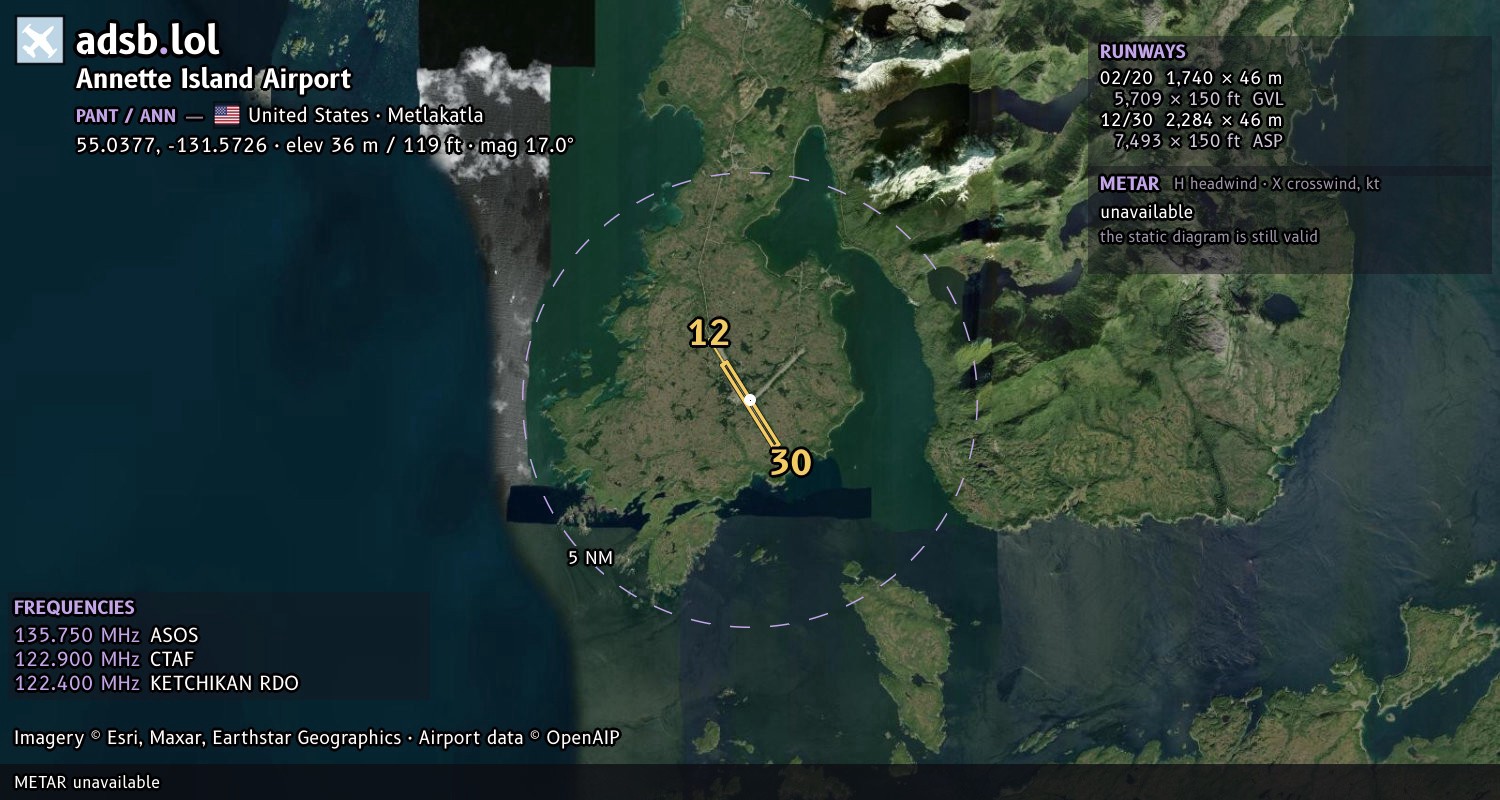 Satellite map with the runway layout of Annette Island Airport (PANT)