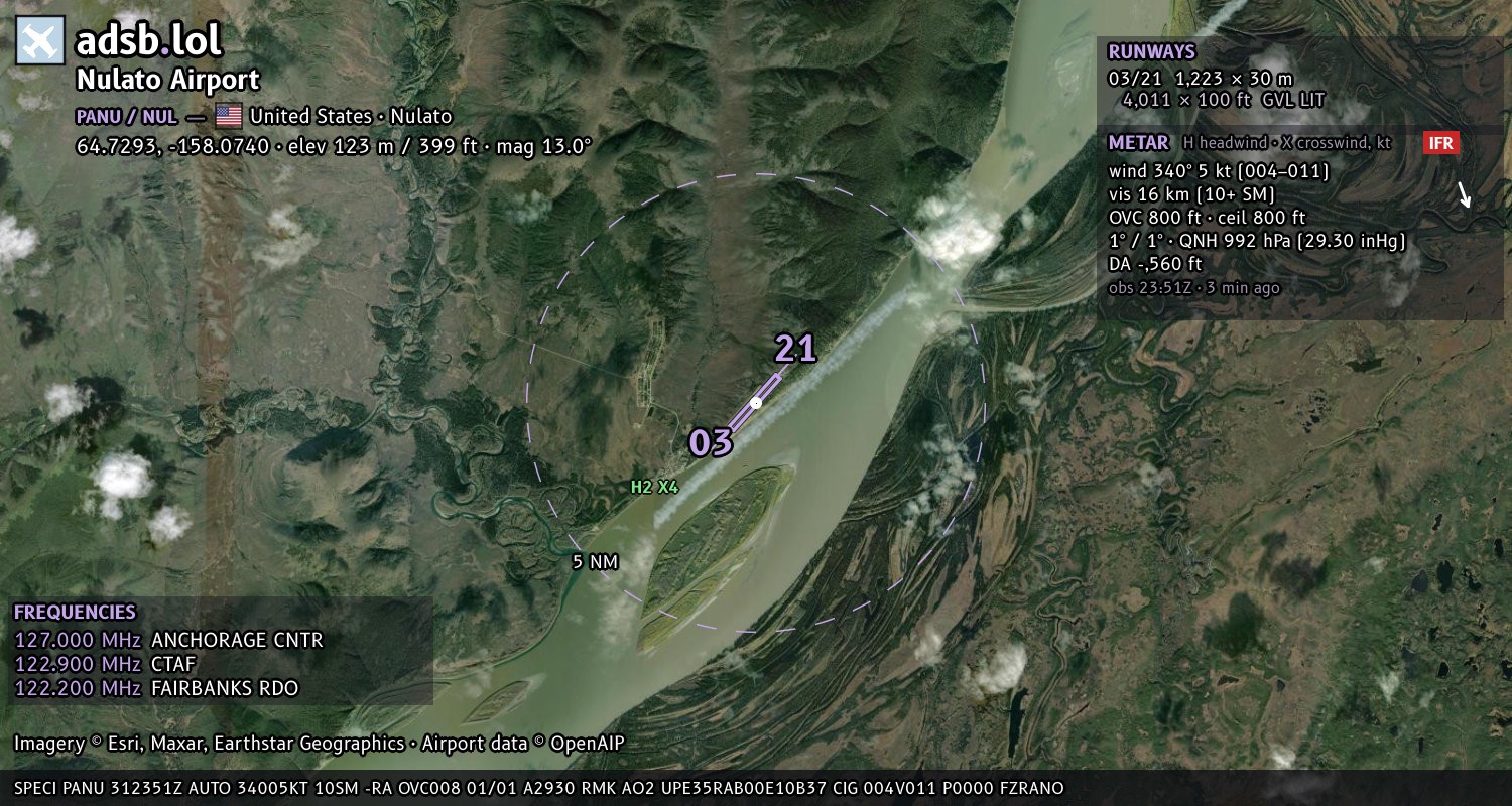 Satellite map with the runway layout of Nulato Airport (PANU)