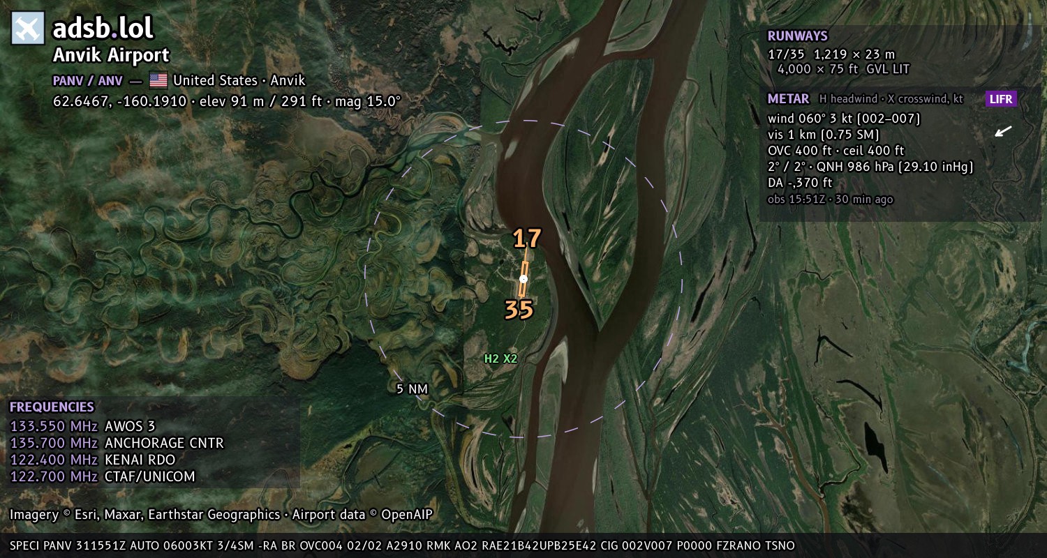 Satellite map with the runway layout of Anvik Airport (PANV)