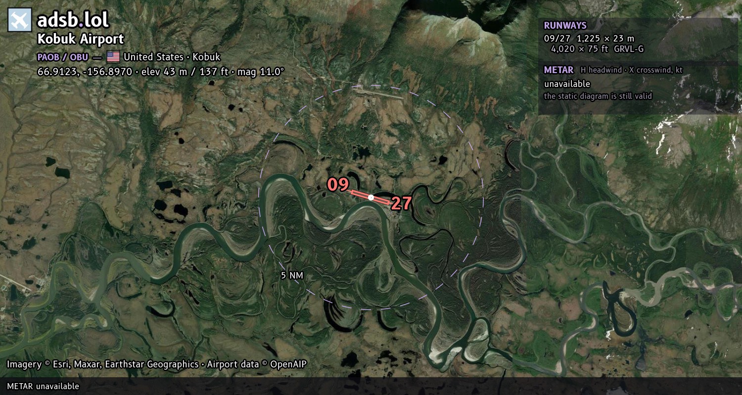 Satellite map with the runway layout of Kobuk Airport (PAOB)