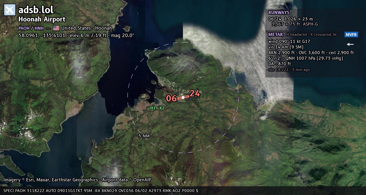 Satellite map with the runway layout of Hoonah Airport (PAOH)