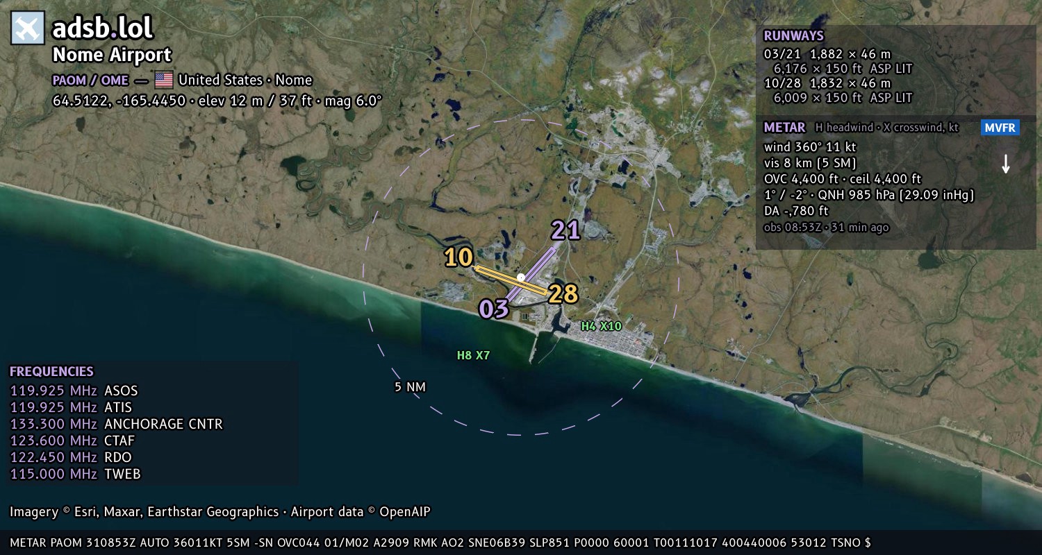 Satellite map with the runway layout of Nome Airport (PAOM)