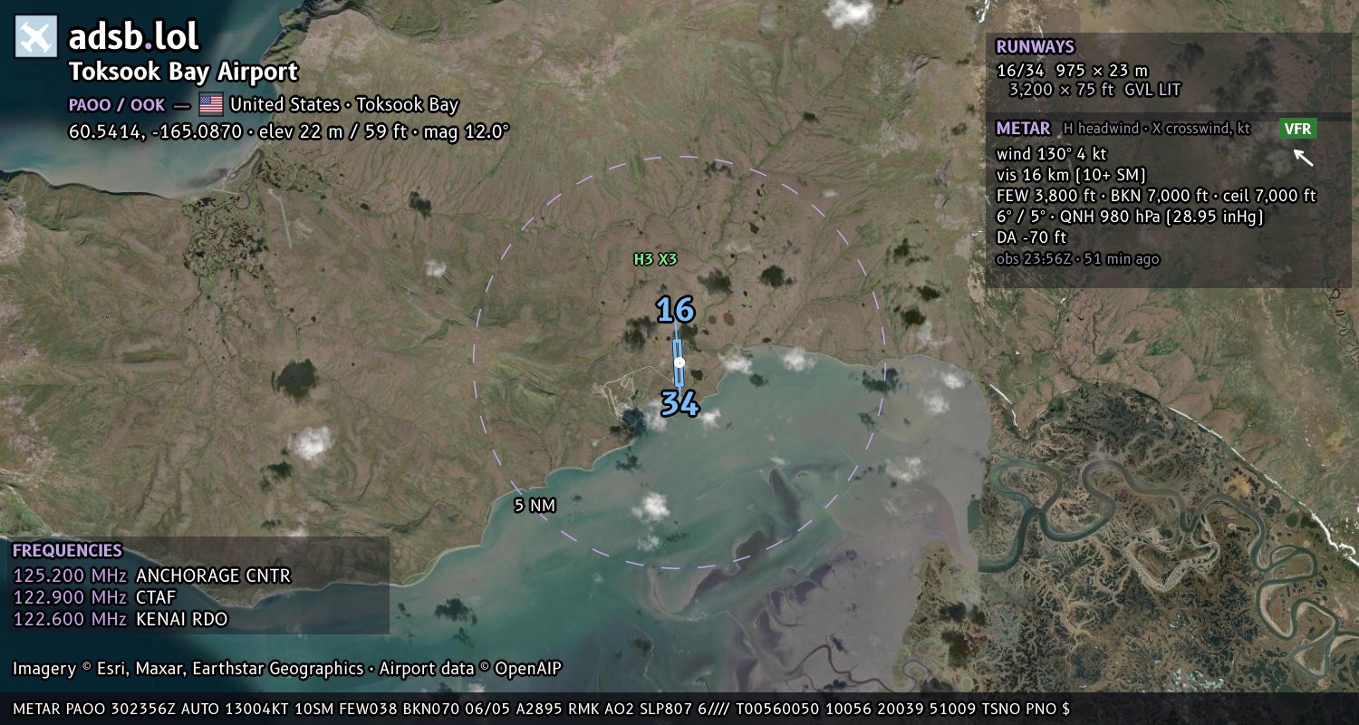 Satellite map with the runway layout of Toksook Bay Airport (PAOO)