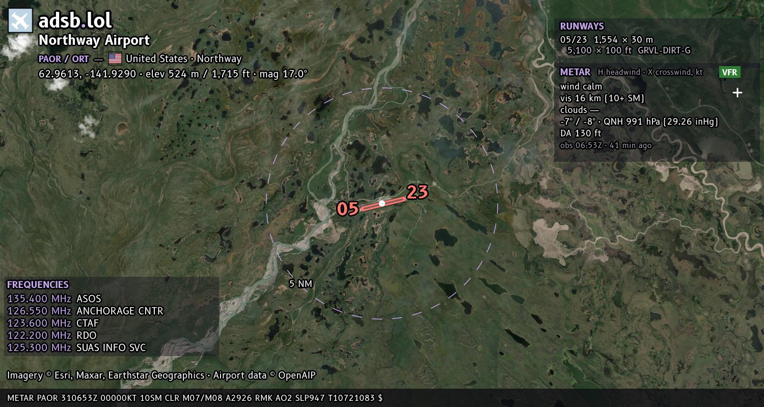 Satellite map with the runway layout of Northway Airport (PAOR)