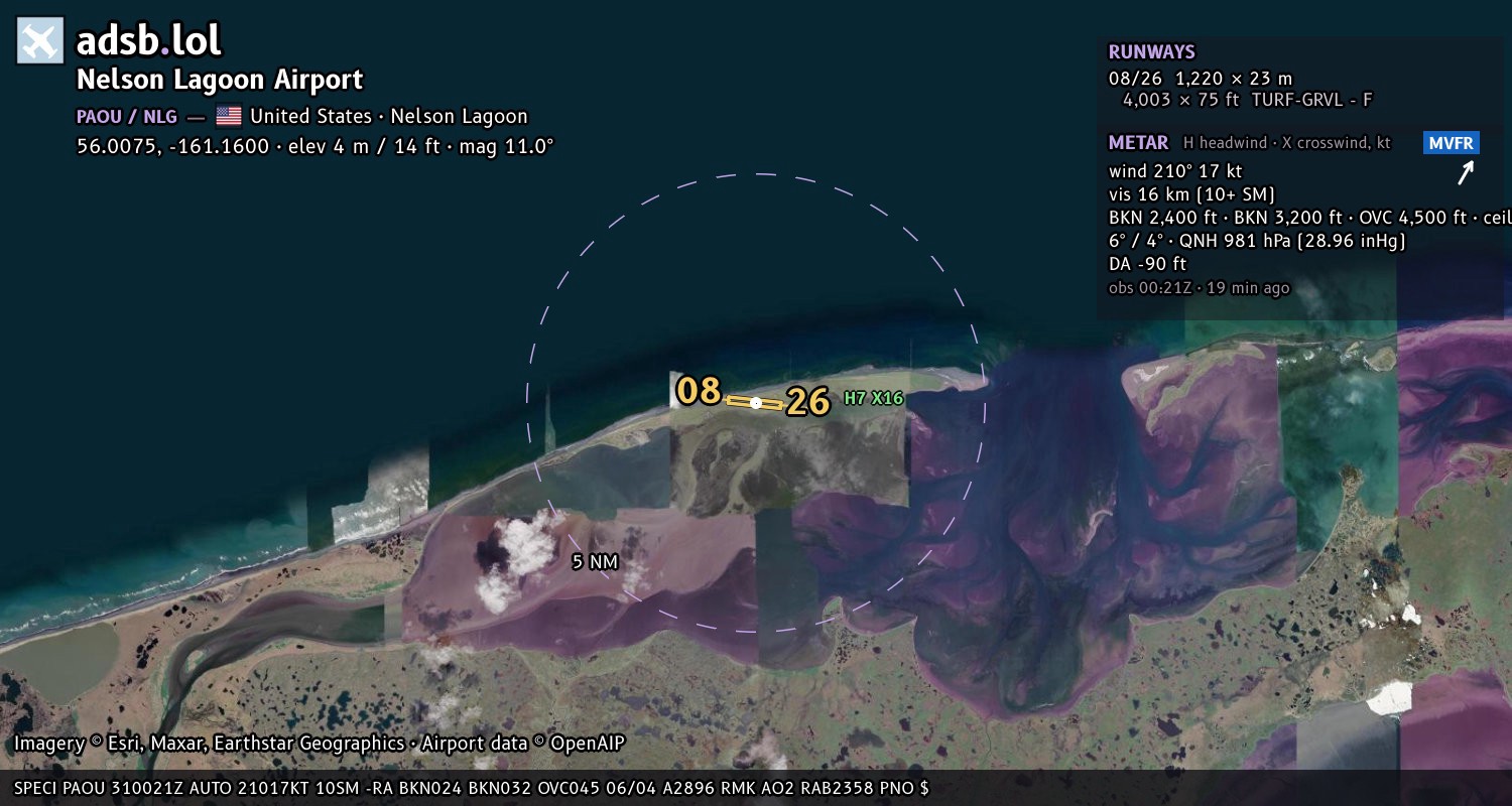 Satellite map with the runway layout of Nelson Lagoon Airport (PAOU)
