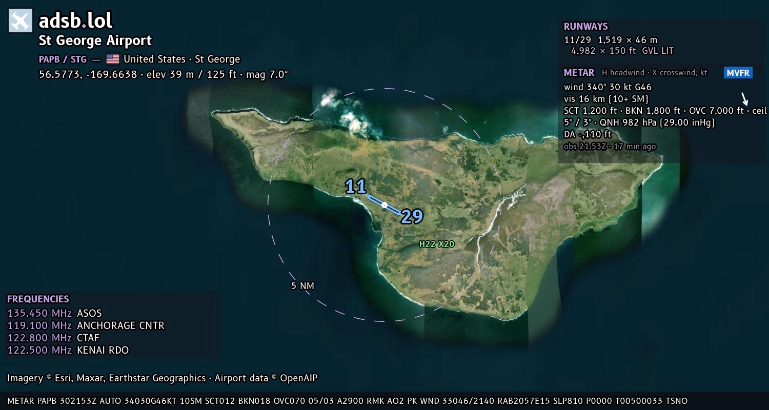 Satellite map with the runway layout of St George Airport (PAPB)