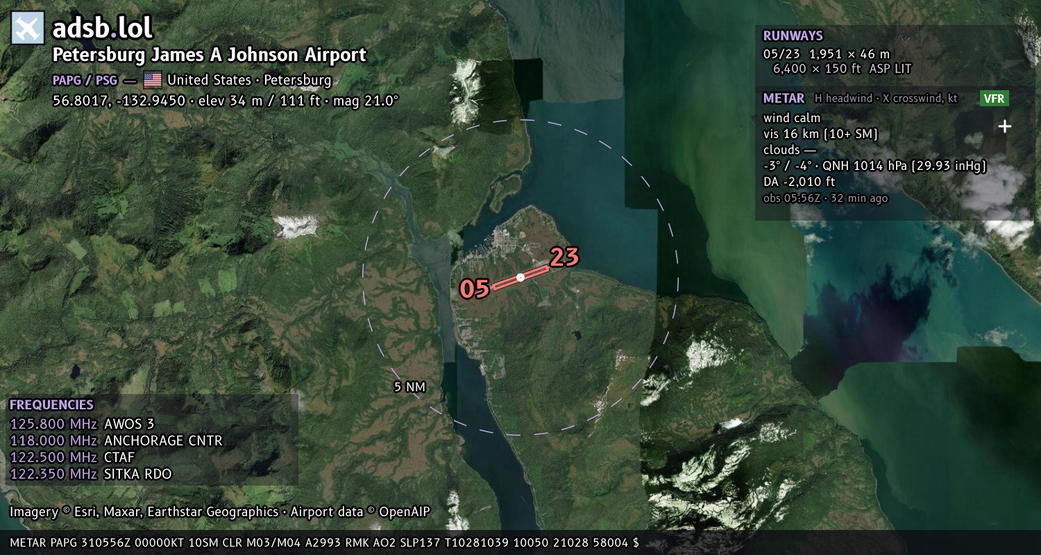 Satellite map with the runway layout of Petersburg James A Johnson Airport (PAPG)