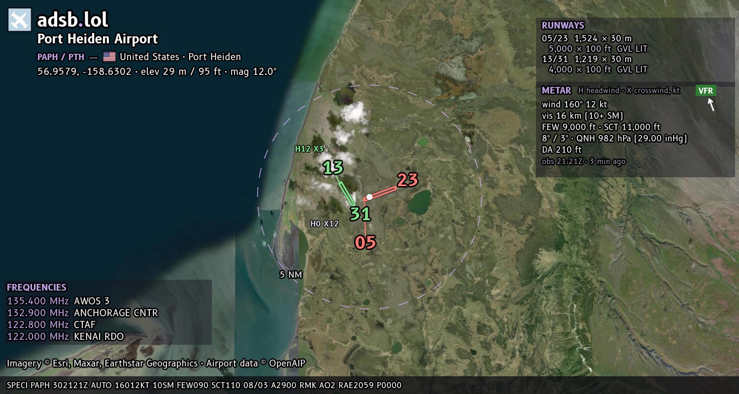 Satellite map with the runway layout of Port Heiden Airport (PAPH)