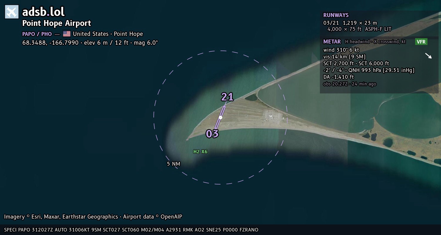 Satellite map with the runway layout of Point Hope Airport (PAPO)