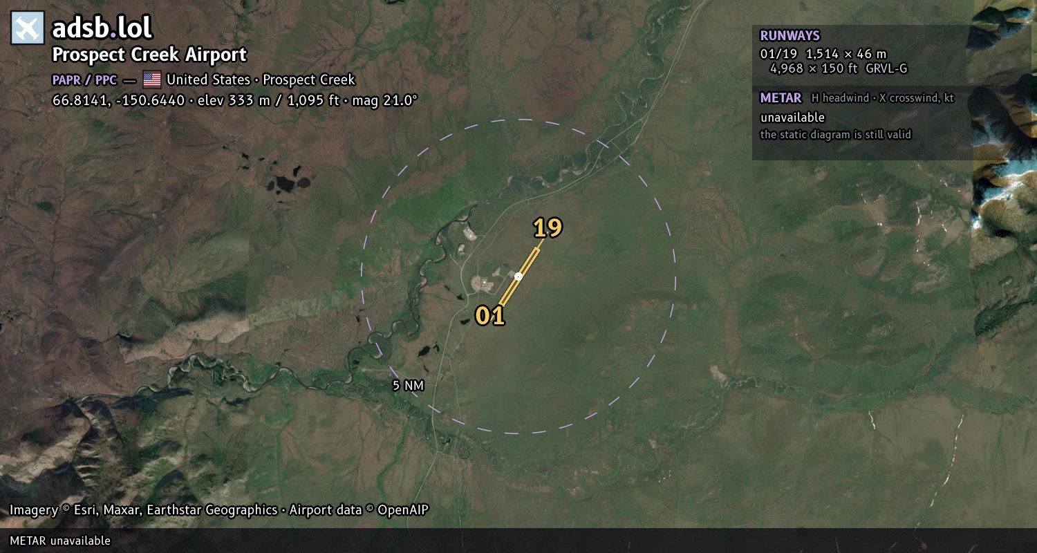Satellite map with the runway layout of Prospect Creek Airport (PAPR)