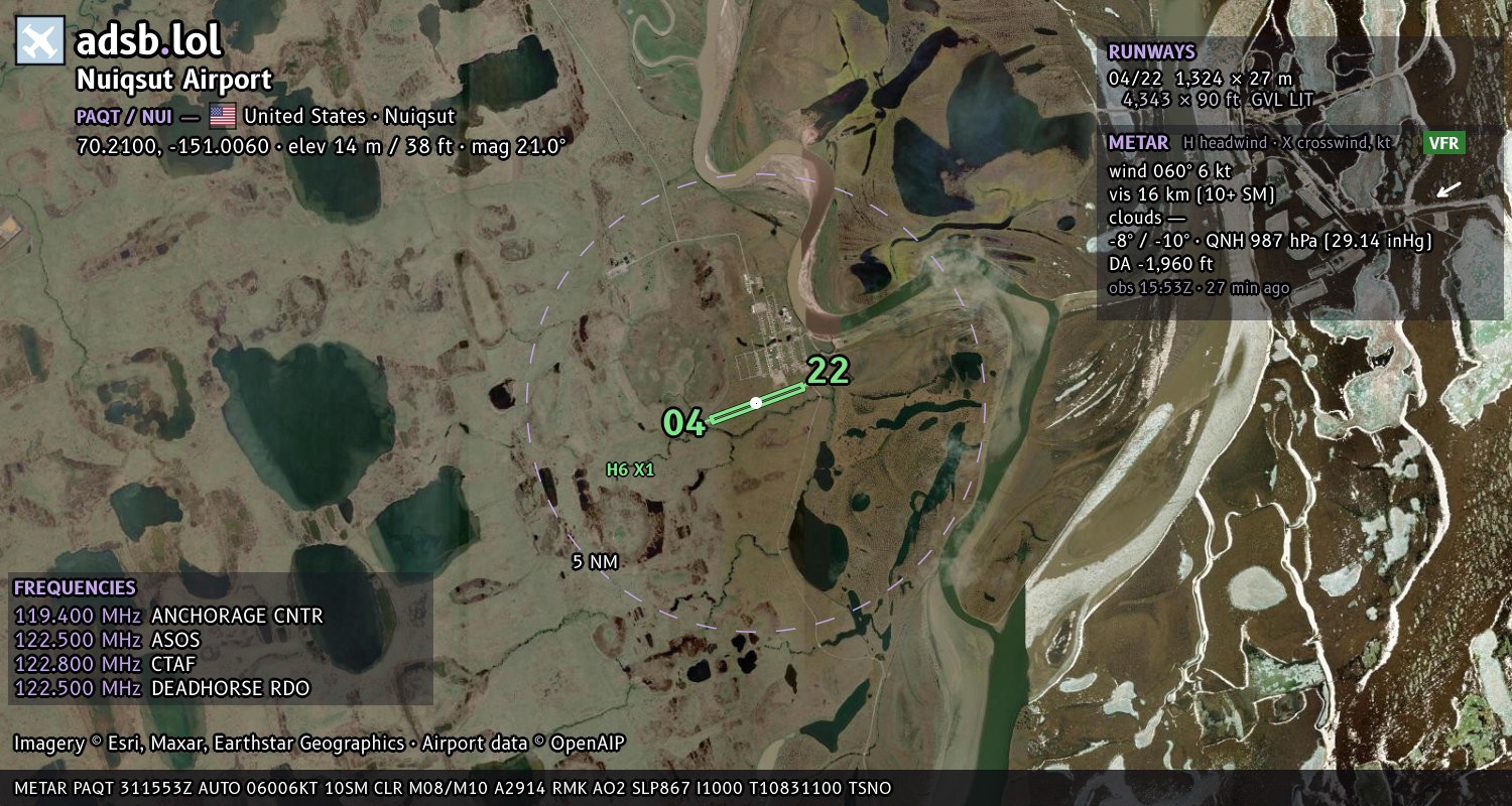 Satellite map with the runway layout of Nuiqsut Airport (PAQT)