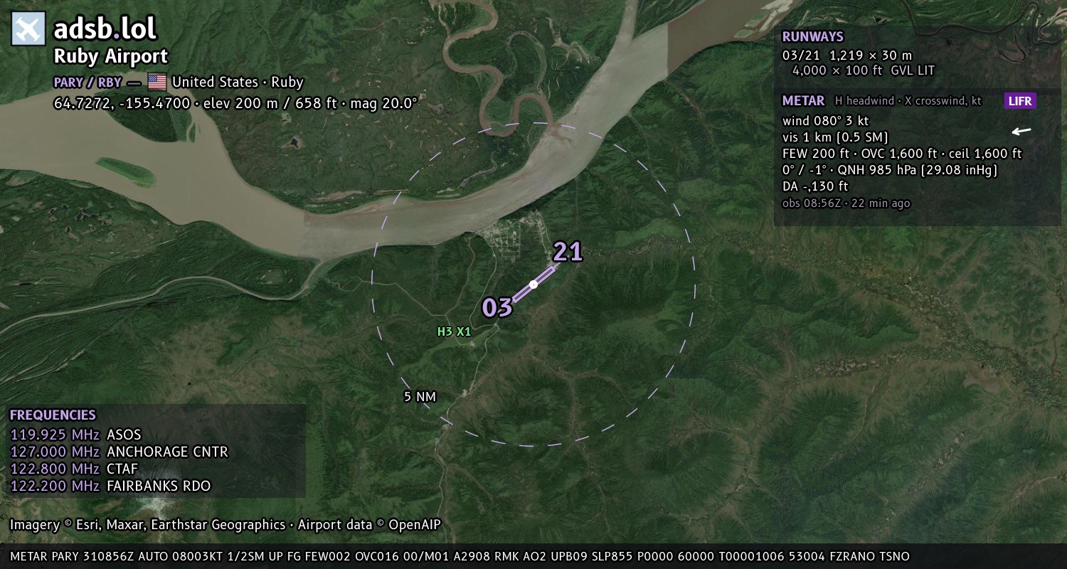 Satellite map with the runway layout of Ruby Airport (PARY)