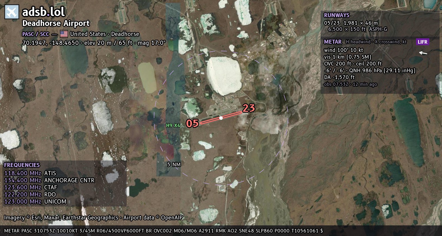 Satellite map with the runway layout of Deadhorse Airport (PASC)