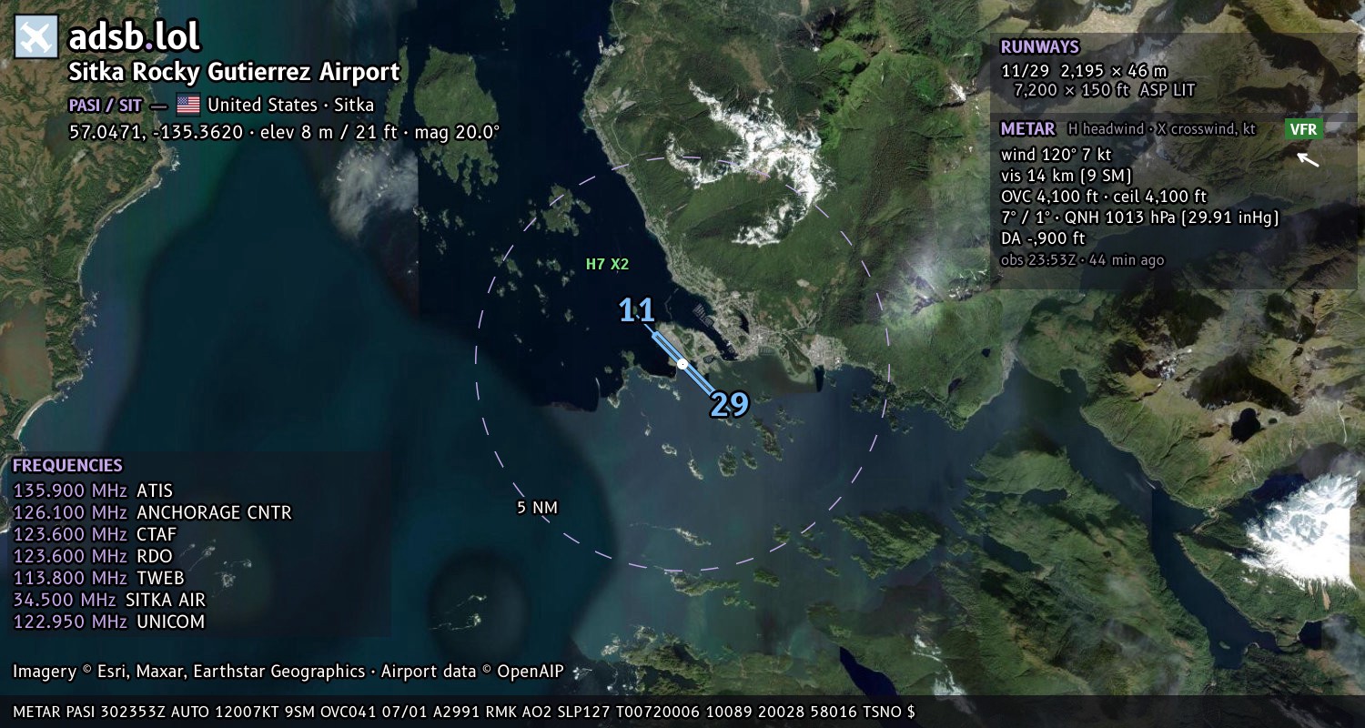 Satellite map with the runway layout of Sitka Rocky Gutierrez Airport (PASI)