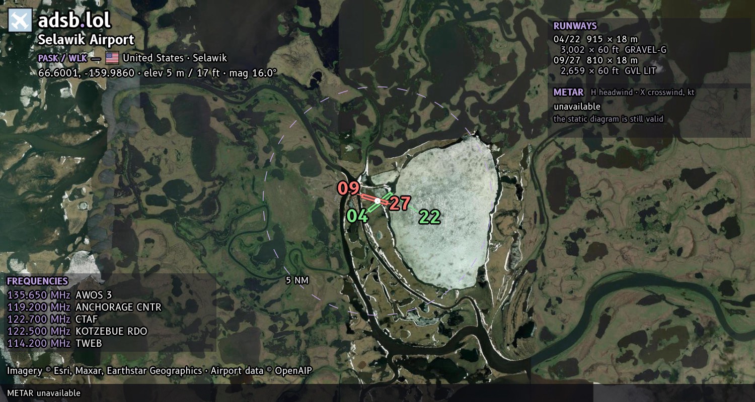 Satellite map with the runway layout of Selawik Airport (PASK)