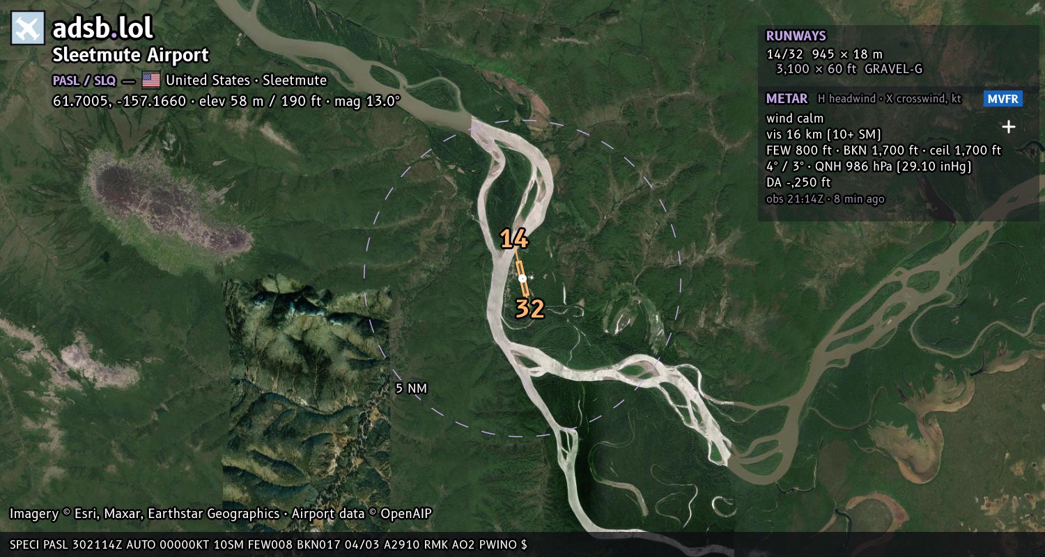 Satellite map with the runway layout of Sleetmute Airport (PASL)