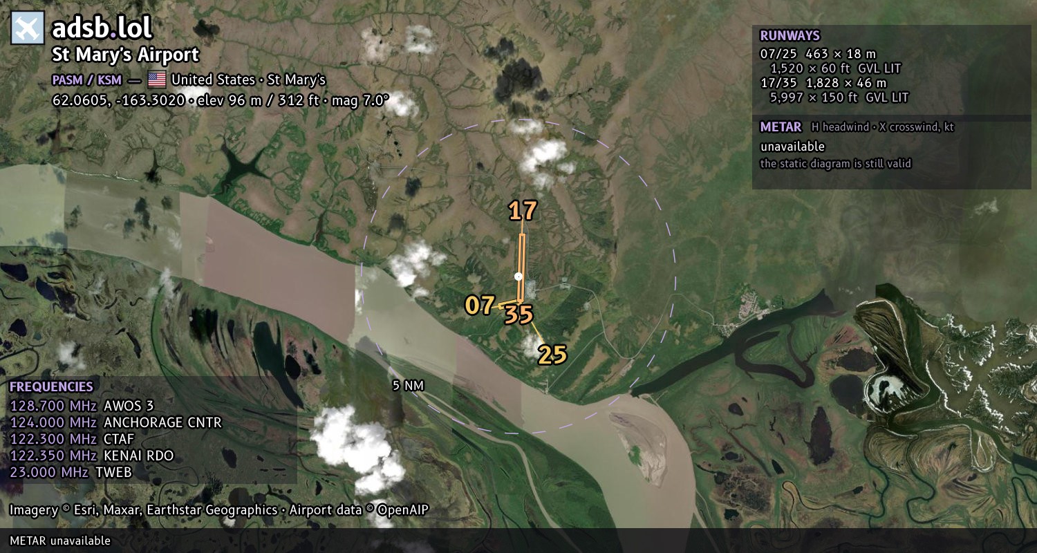 Satellite map with the runway layout of St Mary's Airport (PASM)