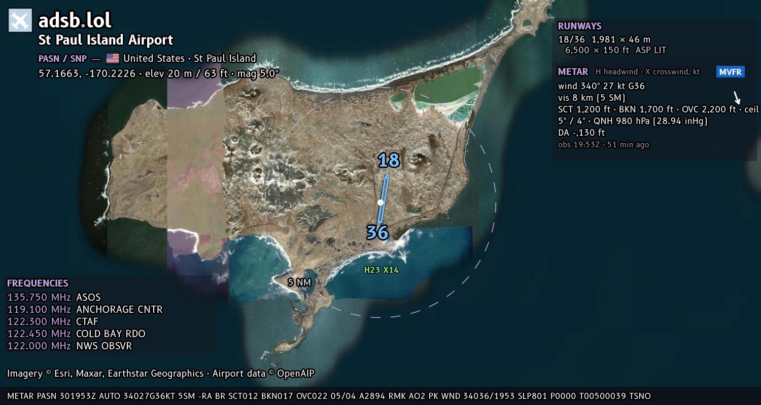 Satellite map with the runway layout of St Paul Island Airport (PASN)