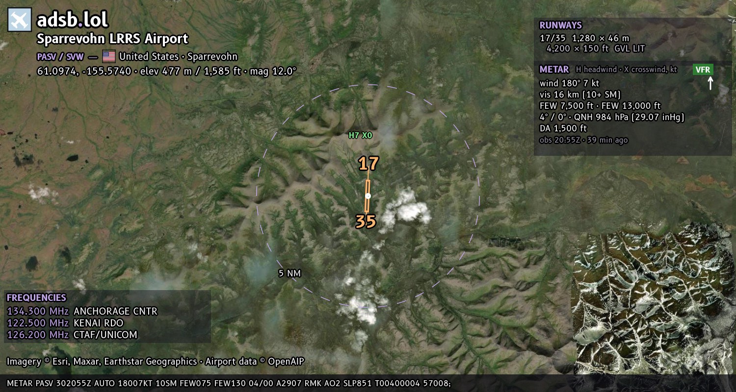 Satellite map with the runway layout of Sparrevohn LRRS Airport (PASV)