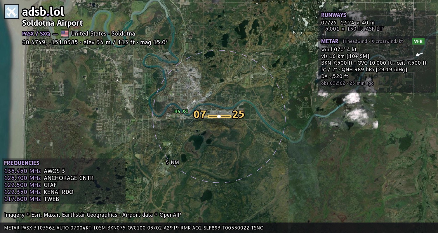 Satellite map with the runway layout of Soldotna Airport (PASX)