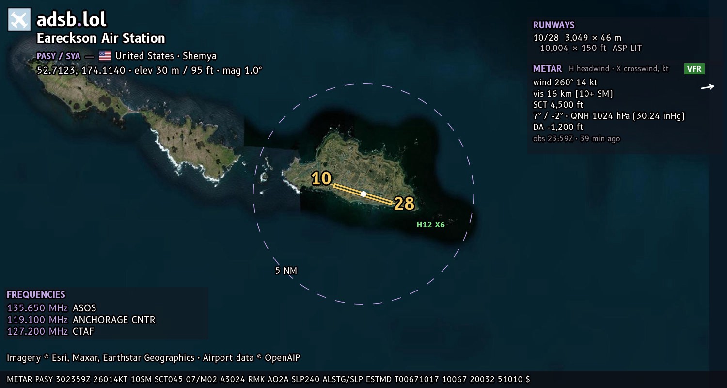 Satellite map with the runway layout of Eareckson Air Station (PASY)