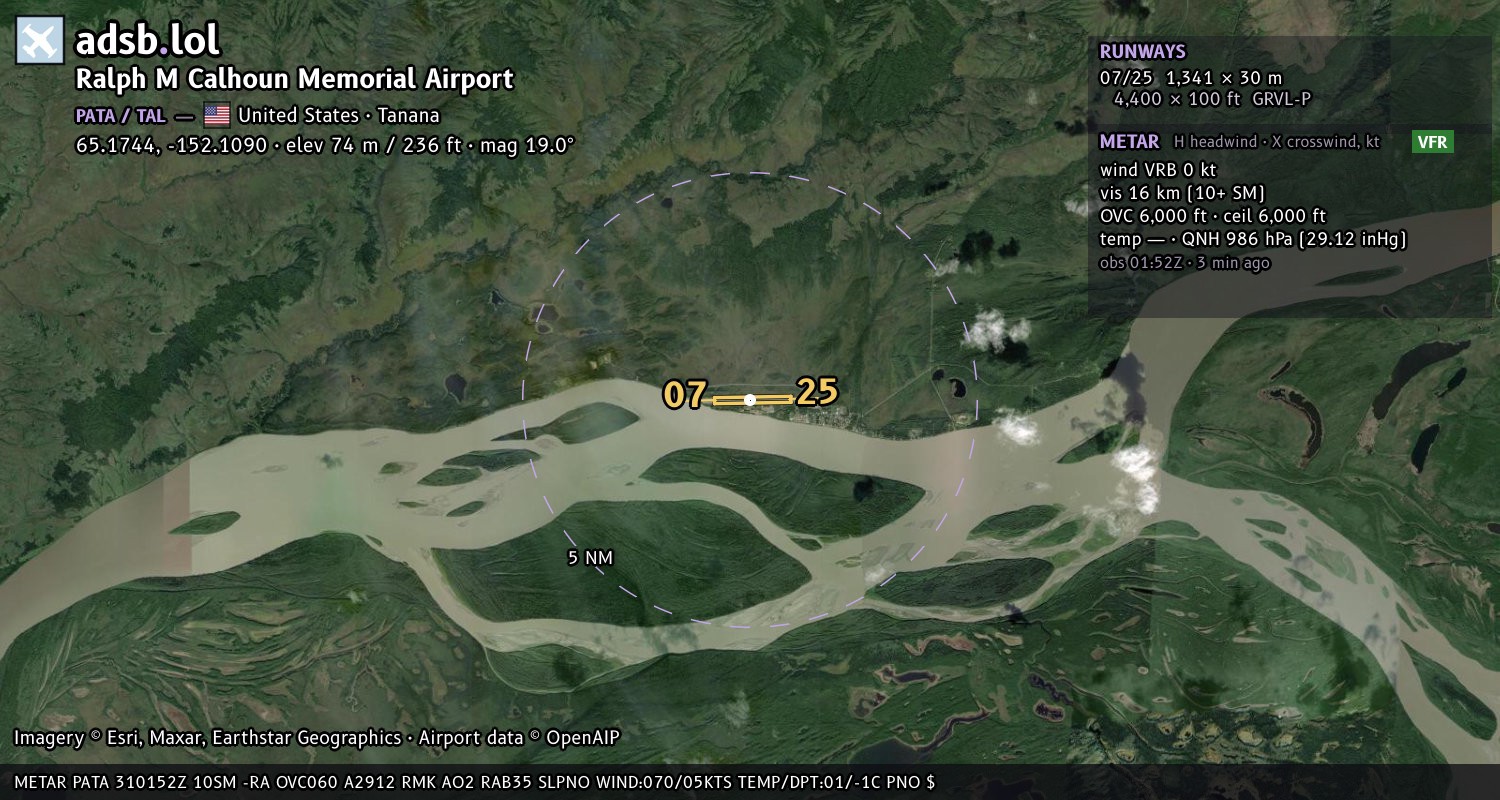 Satellite map with the runway layout of Ralph M Calhoun Memorial Airport (PATA)