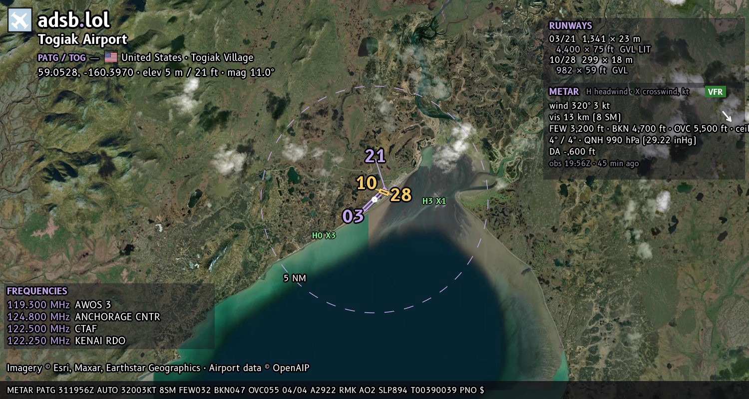 Satellite map with the runway layout of Togiak Airport (PATG)