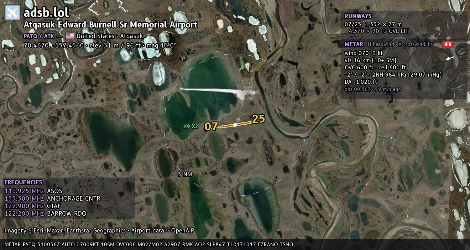Satellite map with the runway layout of Atqasuk Edward Burnell Sr Memorial Airport (PATQ)