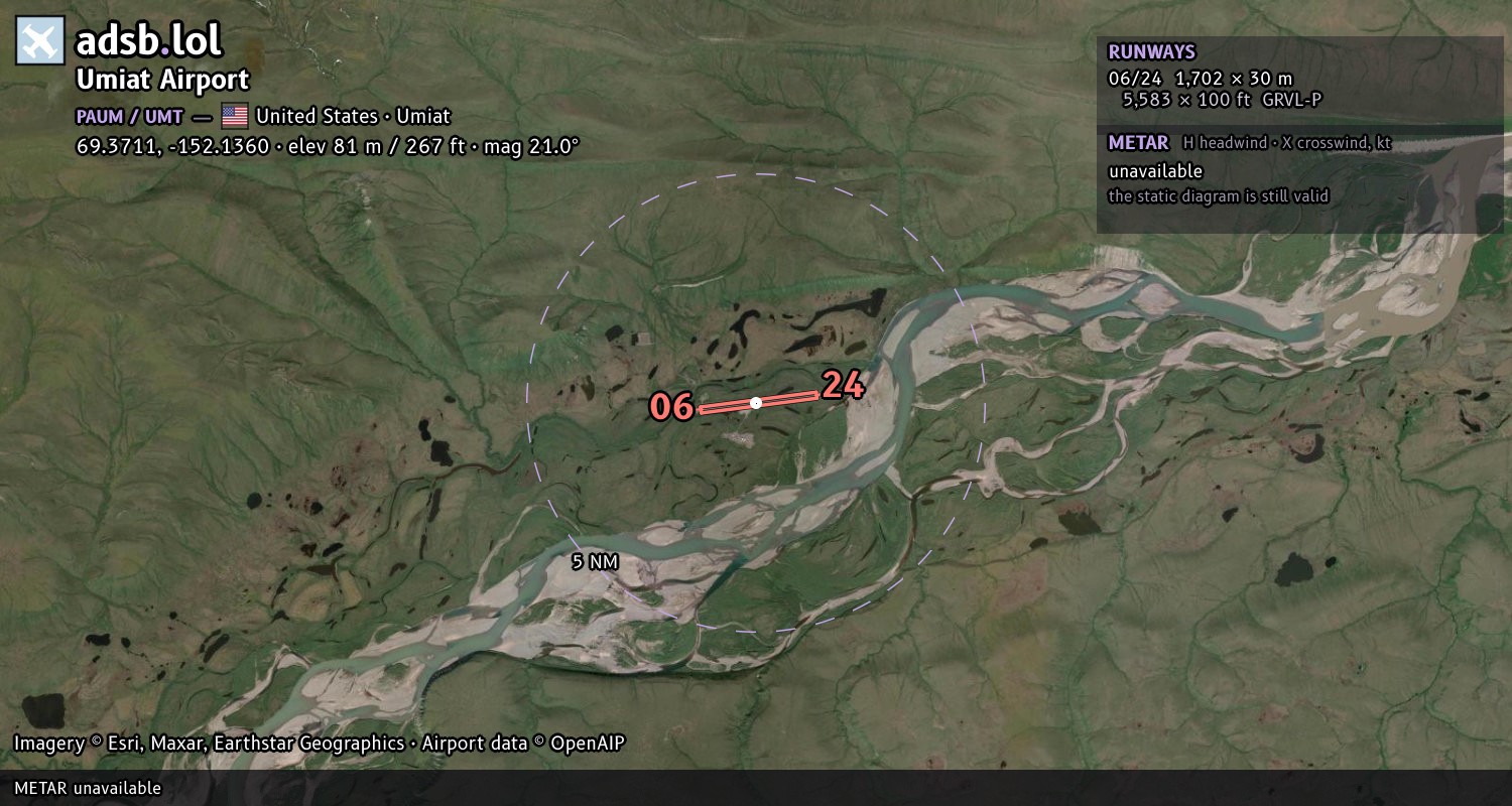 Satellite map with the runway layout of Umiat Airport (PAUM)
