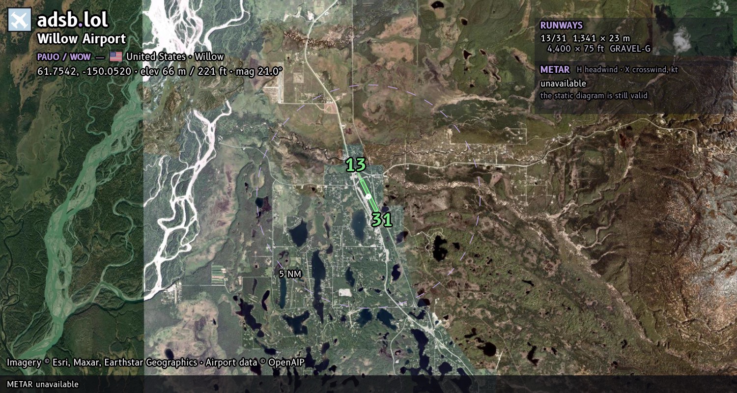Satellite map with the runway layout of Willow Airport (PAUO)