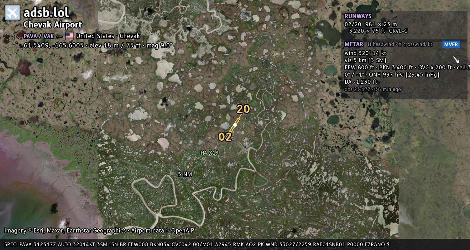 Satellite map with the runway layout of Chevak Airport (PAVA)