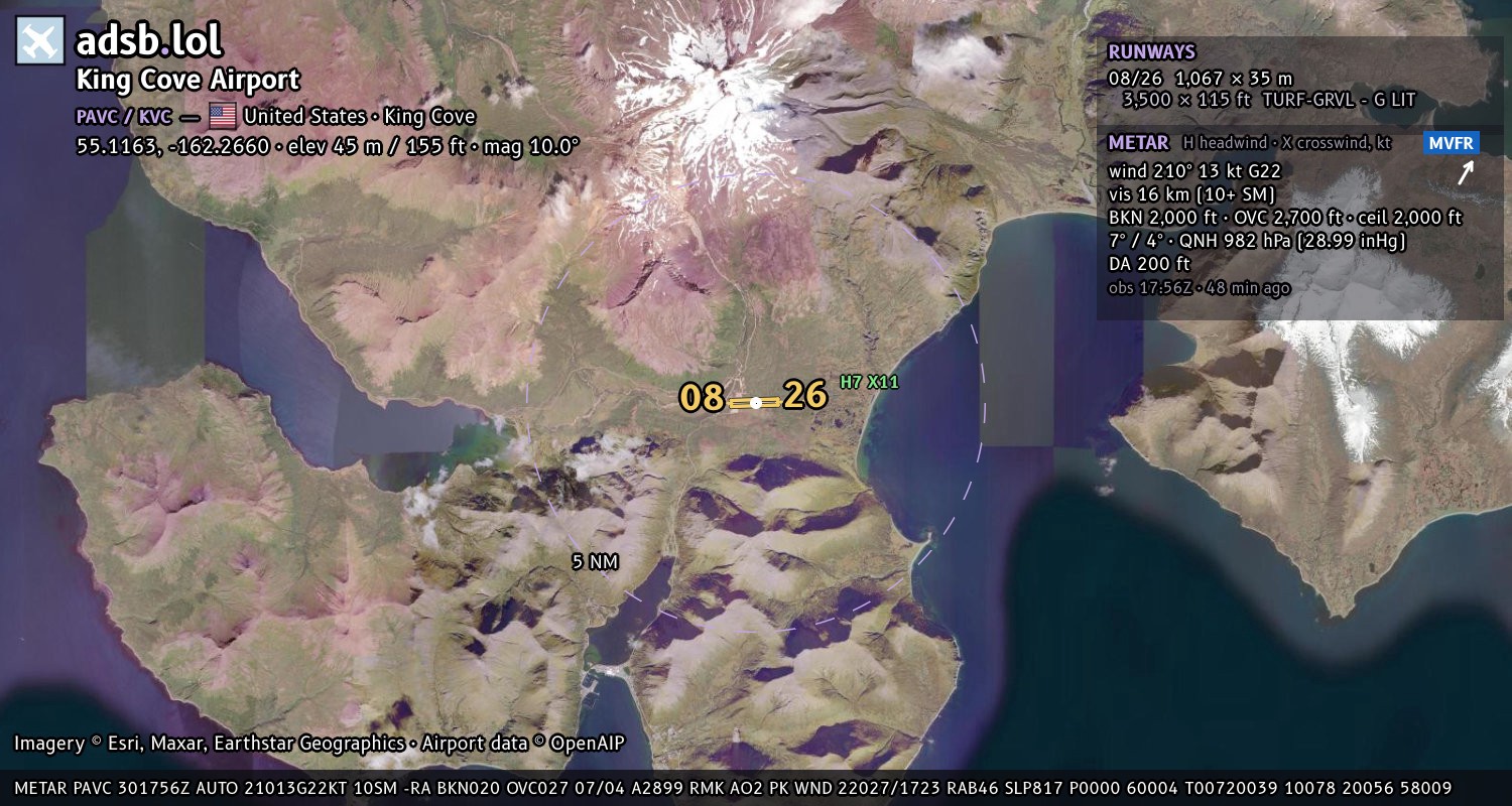 Satellite map with the runway layout of King Cove Airport (PAVC)